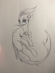 Size: 2448x3264 | Tagged: safe, artist:faline-art, derpibooru import, tempest shadow, pony, sea pony, my little pony: the movie, ear piercing, female, mare, monochrome, piercing, seaponified, simple background, sketch, smiling, solo, species swap, traditional art