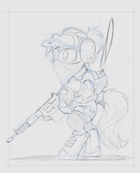 Size: 1500x1855 | Tagged: safe, artist:ncmares, derpibooru import, pony, bandana, belt, bipedal, boots, clothes, female, ghost recon wildlands, goggles, gun, hat, hoof hold, mare, monochrome, rifle, shoes, simple background, sketch, tom clancy's ghost recon wildlands, utility belt, weapon, wildlands