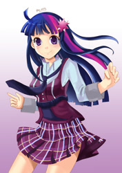 Size: 600x848 | Tagged: safe, artist:love2eategg, derpibooru import, twilight sparkle, equestria girls, anime, clothes, cute, female, hairpin, human coloration, looking at you, moe, necktie, pleated skirt, skirt, skirt lift, solo