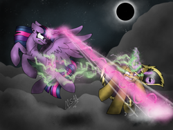 Size: 1024x768 | Tagged: safe, artist:melonseed11, derpibooru import, twilight sparkle, twilight sparkle (alicorn), oc, oc:tempest, alicorn, unicorn, eclipse, female, magic, magic blast, mare, moon, orb