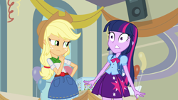 Size: 1920x1080 | Tagged: safe, derpibooru import, screencap, applejack, twilight sparkle, equestria girls, equestria girls (movie), apple cider, balloon, canterlot high, clothes, gym, speaker, streamers