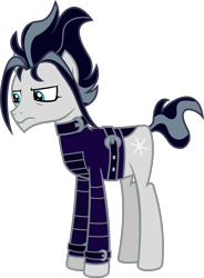 Size: 1488x2027 | Tagged: safe, artist:lightningbolt, derpibooru exclusive, derpibooru import, snow hope, earth pony, pony, fake it 'til you make it, .svg available, belt, belt buckle, clothes, emo, eyeliner, frown, goth, goth pony, jacket, makeup, male, messy mane, messy tail, sad, simple background, solo, stallion, standing, svg, tall, transparent background, vector