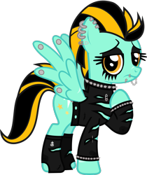 Size: 1133x1348 | Tagged: safe, artist:lightningbolt, derpibooru exclusive, derpibooru import, lightning dust, pegasus, pony, .svg available, belt, chains, choker, clothes, drop dead clothing, dyed mane, ear piercing, earring, eyeliner, eyeshadow, female, frown, jewelry, lidded eyes, lip piercing, looking at you, makeup, mare, needle, piercing, raised hoof, safety pin, scar, simple background, snake bites, socks, solo, spiked choker, spiked wristband, spread wings, standing, svg, thread, torn clothes, transparent background, vector, wing piercing, wings, wristband