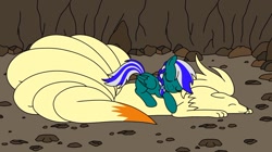 Size: 1200x673 | Tagged: safe, artist:linedraweer, derpibooru import, oc, oc:blue star, pegasus, pony, cave, commission, cuddling, happy, hug, ninetales, patching, pokémon, rule 63, snuggling