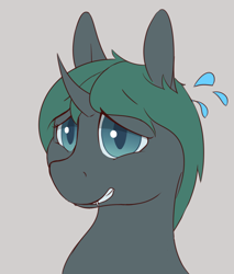 Size: 1200x1406 | Tagged: safe, artist:heftyhorsehostler, derpibooru import, oc, oc:honeysuckle, changeling, a changeling's guide to large horse care, bust, changeling oc, colored pupils, gray background, green changeling, grin, nervous, nervous grin, simple background, smiling, sweat