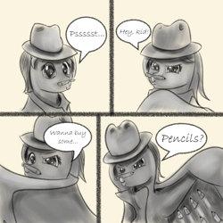 Size: 904x904 | Tagged: safe, artist:sketchiepone, derpibooru import, oc, oc only, oc:sketchiepone, ask, clothes, comic, dialogue, fedora, hat, pencil, simple background, sketch, solo, speech bubble, text, trenchcoat, tumblr