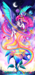 Size: 1685x3558 | Tagged: safe, artist:wilvarin-liadon, derpibooru import, oc, oc only, oc:starry sunrise, alicorn, pony, alicorn oc, cover art, crescent moon, element of generosity, element of honesty, element of kindness, element of loyalty, element of magic, elements of harmony, eyes closed, female, mare, moon, stars, unshorn fetlocks