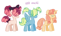 Size: 1024x604 | Tagged: safe, artist:peachjay, derpibooru import, oc, oc only, earth pony, pegasus, pony, unicorn, eyes closed, female, hair over eyes, magical lesbian spawn, mare, offspring, parent:applejack, parent:derpy hooves, parent:moondancer, parent:pinkie pie, parent:rainbow dash, parent:songbird serenade, parents:derpydash, simple background, transparent background