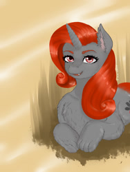 Size: 900x1200 | Tagged: safe, artist:evlass, derpibooru import, oc, oc:emily rcf, dog pony, pony, unicorn, chest fluff, digital art, ear fluff, fluffy, fur, paws, red eyes, red hair, simple background, smiling, solo