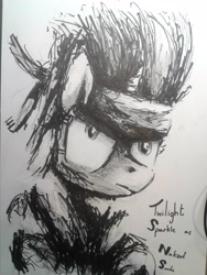 Size: 1932x2576 | Tagged: safe, artist:chaosmauser, derpibooru import, twilight sparkle, pony, unicorn, female, grayscale, mare, metal gear, monochrome, naked snake, solo, stylised, traditional art, video game, yoji shinkawa