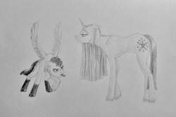 Size: 1280x854 | Tagged: safe, artist:joestick, derpibooru import, oc, pegasus, pony, unicorn, duo, duo female, female, pencil drawing, simple background, socks (coat marking), tongue out, traditional art