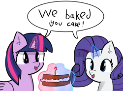 Size: 3204x2377 | Tagged: safe, artist:artiks, derpibooru import, rarity, twilight sparkle, twilight sparkle (alicorn), alicorn, pony, unicorn, birthday, birthday cake, cake, food, speech bubble