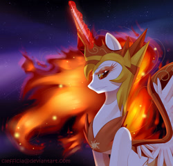 Size: 1117x1066 | Tagged: safe, artist:clefficia, artist:togeticisa, derpibooru import, daybreaker, alicorn, pony, collaboration, a royal problem, armor, crown, female, glowing horn, jewelry, magic, mare, redraw, regalia, solo