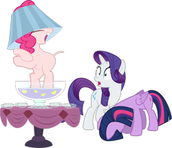 Size: 4692x4060 | Tagged: safe, artist:90sigma, artist:awesomecas, artist:parclytaxel, derpibooru import, edit, editor:slayerbvc, pinkie pie, rarity, twilight sparkle, twilight sparkle (alicorn), alicorn, earth pony, pony, unicorn, ponyville confidential, the gift of the maud pie, the hooffields and mccolts, absurd resolution, bipedal, cup, dancing, female, furless, furless edit, hat, head down, lampshade, lampshade hat, mare, nude edit, nudity, open mouth, ponk, punch (drink), punch bowl, shaved, shaved tail, simple background, table, transparent background, vector, vector edit