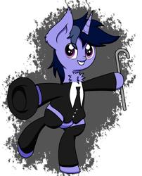 Size: 1736x2148 | Tagged: safe, artist:kimjoman, derpibooru import, oc, oc only, oc:purple flix, pony, accessories, bipedal, cane, chest fluff, clothes, cute, ear fluff, fancy suit, hat, hoof hold, looking at you, male, necktie, solo, suit