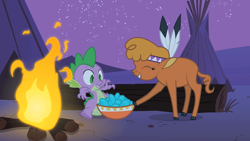 Size: 1280x720 | Tagged: safe, derpibooru import, screencap, little strongheart, spike, dragon, over a barrel, bowl, campfire, cloven hooves, duo, eyes closed, fire, night, tent, tipi, turquoise