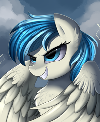 Size: 1446x1764 | Tagged: safe, artist:pridark, derpibooru import, oc, oc only, oc:lirae, pegasus, pony, bust, chest fluff, cloud, commission, ear fluff, female, flying, gritted teeth, mare, portrait, solo, spread wings, thunderstorm, wings