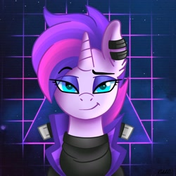 Size: 3800x3800 | Tagged: safe, artist:ciderpunk, derpibooru import, oc, oc:synthwave, pony, unicorn, blue eyes, clothes, cyberpunk, female, looking at you, mare, solo, synthwave