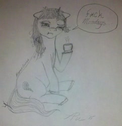 Size: 1452x1503 | Tagged: safe, artist:apul, derpibooru import, oc, oc only, oc:maple glaze, bird, censored vulgarity, coffee, i hate mondays, messy mane, messy tail, solo, traditional art, twig, unshorn fetlocks