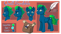 Size: 2400x1350 | Tagged: safe, artist:latecustomer, derpibooru import, oc, oc only, oc:quill scribble, pegasus, pony, bag, chest fluff, cutie mark, lidded eyes, looking at you, male, open mouth, reference sheet, scroll, smiling, solo, stallion