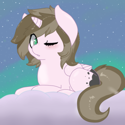 Size: 512x512 | Tagged: safe, artist:kittyshy, derpibooru import, oc, oc:nova, alicorn, pony, cloud, female, mare, night, prone, solo