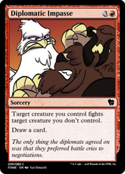 Size: 375x523 | Tagged: safe, artist:jay fosgitt, derpibooru import, idw, griffon, yak, spoiler:comicff28, magic the gathering, trading card, trading card edit