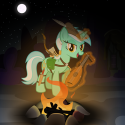 Size: 3600x3600 | Tagged: safe, artist:cheezedoodle96, derpibooru import, lyra heartstrings, pony, alternate hairstyle, archer, arrow, bard, bedroom eyes, bow (weapon), bow and arrow, campfire, dungeons and dragons, ear piercing, earring, fantasy class, female, harness, jewelry, looking at you, lute, mare, moon, night, open mouth, piercing, quiver, singing, smiling, solo, tack, vector, weapon