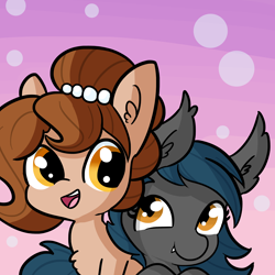 Size: 3300x3300 | Tagged: safe, artist:tjpones, derpibooru import, oc, oc only, oc:brownie bun, oc:speck, bat pony, earth pony, pony, abstract background, bat pony oc, bust, chest fluff, commission, duo, ear fluff, female, mare