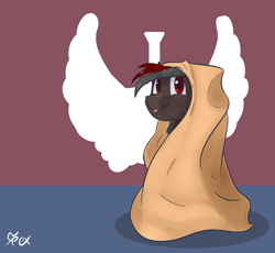 Size: 2500x2300 | Tagged: safe, artist:omegapex, derpibooru import, oc, oc only, oc:soren nightsky, pegasus, pony, :p, blanket, blanket burrito, colored pupils, male, signature, silly, simple background, solo, stallion, tongue out