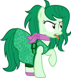 Size: 1000x1090 | Tagged: safe, artist:cloudyglow, derpibooru import, wallflower blush, pony, better together, forgotten friendship, clothes, clothes swap, cosplay, costume, crossover, disgust (inside out), disney, dress, equestria girls ponified, female, green, inside out, open mouth, pixar, ponified, simple background, solo, tongue out, transparent background, vector, vector trace