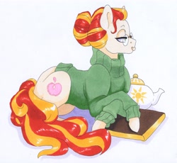 Size: 5705x5245 | Tagged: safe, artist:frozensoulpony, derpibooru import, oc, oc:little lady, earth pony, pony, absurd resolution, female, glasses, mare, prone, solo, teapot, traditional art
