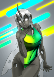 Size: 1568x2197 | Tagged: safe, artist:mykegreywolf, derpibooru import, oc, oc only, oc:silver lies, changeling, human, changeling oc, clothes, female, glowing eyes, high-cut clothing, horned humanization, humanized, humanoid, looking at you, one-piece swimsuit, pony coloring, raffle prize, solo, succubug, swimsuit, white changeling, winged humanization, wings