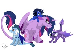 Size: 1024x693 | Tagged: safe, artist:colourstrike, derpibooru import, twilight sparkle, twilight sparkle (alicorn), oc, oc:gail, oc:glaze (colourstrike), oc:torch, alicorn, dragon, pony, auntie twilight, baby, baby dragon, colored hooves, dragon oc, leonine tail, offspring, parent:princess ember, parent:spike, parents:emberspike, simple background, unshorn fetlocks, white background