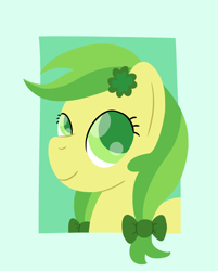 Size: 856x1066 | Tagged: safe, artist:phat_guy, derpibooru exclusive, derpibooru import, apple fritter, earth pony, pony, apple family member, bow, bust, clover, female, flower, flower in hair, four leaf clover, frame, green, green background, hair bow, holiday, lineless, looking up, mare, minimalist, modern art, ponytail, portrait, ribbon, saint patrick's day, simple background, smiling, solo