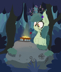 Size: 2697x3192 | Tagged: safe, artist:paskanaakka, derpibooru import, oc, oc only, oc:bittergreen, earth pony, pony, chest fluff, ear fluff, female, fire, flower, flower in hair, forest, mare, mouth hold, night, nose wrinkle, ritual, rock, runes, solo, tree