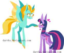 Size: 900x749 | Tagged: safe, artist:darvko, derpibooru import, lightning dust, twilight sparkle, twilight sparkle (alicorn), alicorn, pegasus, pony, boop, colored wings, female, flying, heart, lesbian, lineless, mare, shipping, simple background, transparent background, twidust