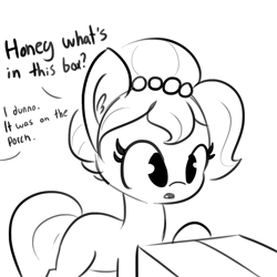 Size: 1650x1650 | Tagged: safe, artist:tjpones, derpibooru import, oc, oc:brownie bun, oc:richard, earth pony, pony, horse wife, box, cropped, dialogue, ear fluff, female, grayscale, mare, monochrome, offscreen character, raised hoof, simple background, single panel, solo, tumblr, white background