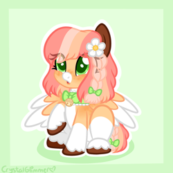 Size: 1000x1000 | Tagged: safe, artist:dreamyeevee, artist:rarityforever, derpibooru import, oc, oc only, oc:baby cakes, bell, bell collar, collar, flower, flower in hair, socks (coat marking), solo