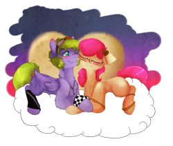 Size: 1024x868 | Tagged: safe, artist:never-coming-back, derpibooru import, apple bloom, spike, earth pony, pegasus, pony, alternate hairstyle, alternate universe, bandage, blank flank, blushing, clothes, cloud, colt, cuddling, cute, embrace, female, filly, freckles, glasses, heart, jewelry, key, male, necklace, ponified, ponified spike, remake, shipping, simple background, sky, species swap, spikebloom, straight, transparent background