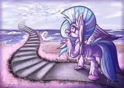 Size: 1195x845 | Tagged: safe, artist:calena, derpibooru import, silverstream, classical hippogriff, hippogriff, school daze, beach, cloud, cloudsdale, cute, diastreamies, female, flower, happy, jewelry, necklace, ocean, patreon, patreon logo, shiny eyes, signature, sky, smiling, solo, stairway to heaven, that hippogriff sure does love stairs, water, wings