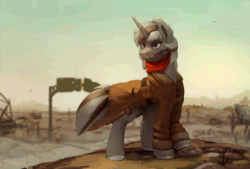 Size: 900x608 | Tagged: safe, artist:rodrigues404, derpibooru import, oc, oc only, oc:sylph storm, pony, unicorn, fallout equestria, animated, cinemagraph, clothes, female, heterochromia, looking back, solo
