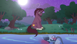 Size: 1024x592 | Tagged: safe, artist:melspyrose, derpibooru import, lord tirek, centaur, pony, unicorn, beard, dark side, facial hair, male, midnight, moon, moonlight, night, ponified, reflection, river, sad, species swap, sympathy, sympathy for the devil, tree, water