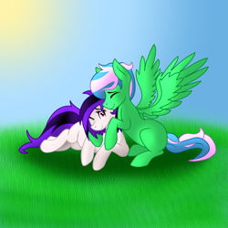 Size: 2000x2000 | Tagged: safe, artist:chelseawest, derpibooru import, oc, oc only, earth pony, pegasus, pony, cuddling, female, high res, male, mare, prone, stallion