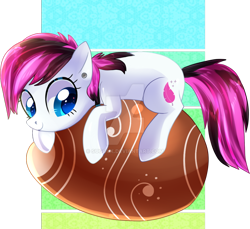 Size: 1024x936 | Tagged: safe, artist:sugguk, derpibooru import, oc, oc only, earth pony, pony, colored pupils, ear piercing, easter egg, egg, female, looking down, mare, multicolored hair, multicolored mane, multicolored tail, piercing, prone, solo, starry eyes, watermark, wingding eyes, ych result