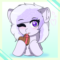 Size: 1024x1024 | Tagged: safe, artist:enderspringminer, derpibooru import, oc, oc only, oc:starstorm slumber, pegasus, pony, blushing, chocolate, chocolate heart, commission, cute, female, food, heart, holiday, one eye closed, solo, valentine, valentine's day, wink