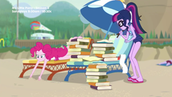 Size: 1280x720 | Tagged: safe, derpibooru import, screencap, pinkie pie, sci-twi, twilight sparkle, better together, equestria girls, friendship math, barefoot, beach, book, clothes, duo, duo female, feet, female, swimsuit, that girl sure does love books