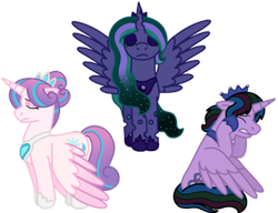 Size: 1020x783 | Tagged: safe, artist:kindheart525, derpibooru import, princess flurry heart, oc, oc:firefly, oc:velvet shade, alicorn, changepony, hybrid, alicorn oc, alternate hairstyle, eyes closed, interspecies offspring, jewelry, kindverse, magical lesbian spawn, offspring, older, parent:good king sombra, parent:king sombra, parent:princess celestia, parent:princess luna, parent:queen chrysalis, parents:celestibra, parents:chrysaluna, regalia, simple background, transparent background