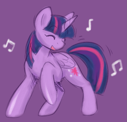 Size: 747x721 | Tagged: safe, artist:fizzy-dog, derpibooru import, twilight sparkle, twilight sparkle (alicorn), alicorn, pony, dancing, eyes closed, female, mare, music notes, purple background, raised hoof, simple background, smiling, solo