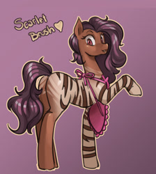 Size: 1364x1519 | Tagged: safe, artist:nauth, derpibooru import, oc, oc only, oc:scarlet brush, horse, hybrid, pony, zebra, zony, apron, clothes, cute, female, gradient background, looking at you, mare, plot, raised hoof, side view, zebra oc