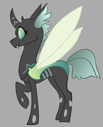 Size: 686x844 | Tagged: safe, artist:theperfecta, derpibooru import, oc, oc only, oc:odonata, changeling, fangs, female, gray background, short tail, simple background, solo, spread wings, wings